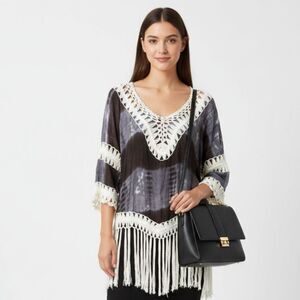 Time Line Gray & Ivory Crochet Tie Dye 3/4 Sleeve Fringe Trim Blouse Top S